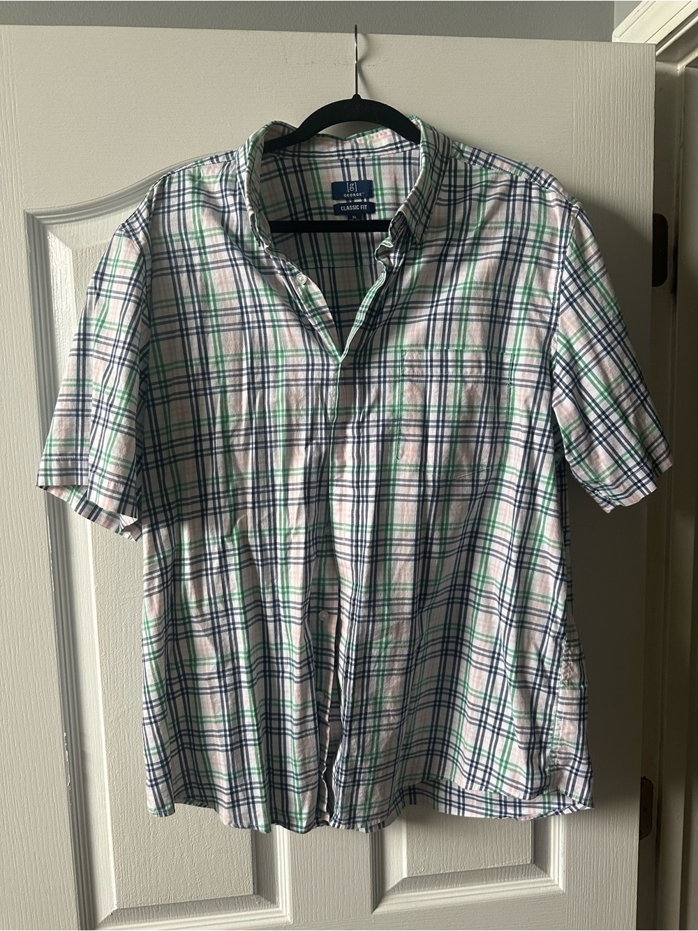 George White Plaid Short-Sleeve Polo with Green & Blue Checks